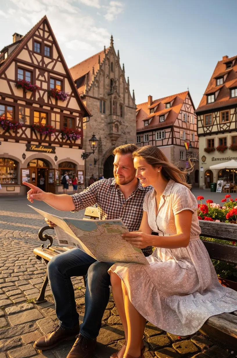 Interaktive Landkarte Deutschlands mit markierten Burgen und Reiserouten für mehrtägige Touren.