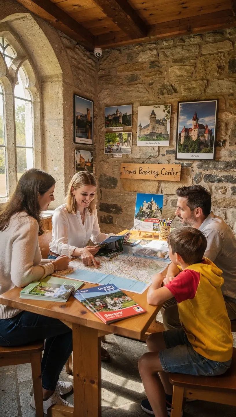 Familie mit Koffern betritt ein Reisebüro, um eine Burgreise offline zu buchen, symbolisiert persönlichen Service.