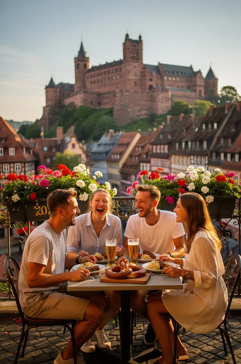 Panoramablick auf eine Schlossruine bei Sonnenuntergang, unterstreicht die Faszination deutscher Burgenreisen.