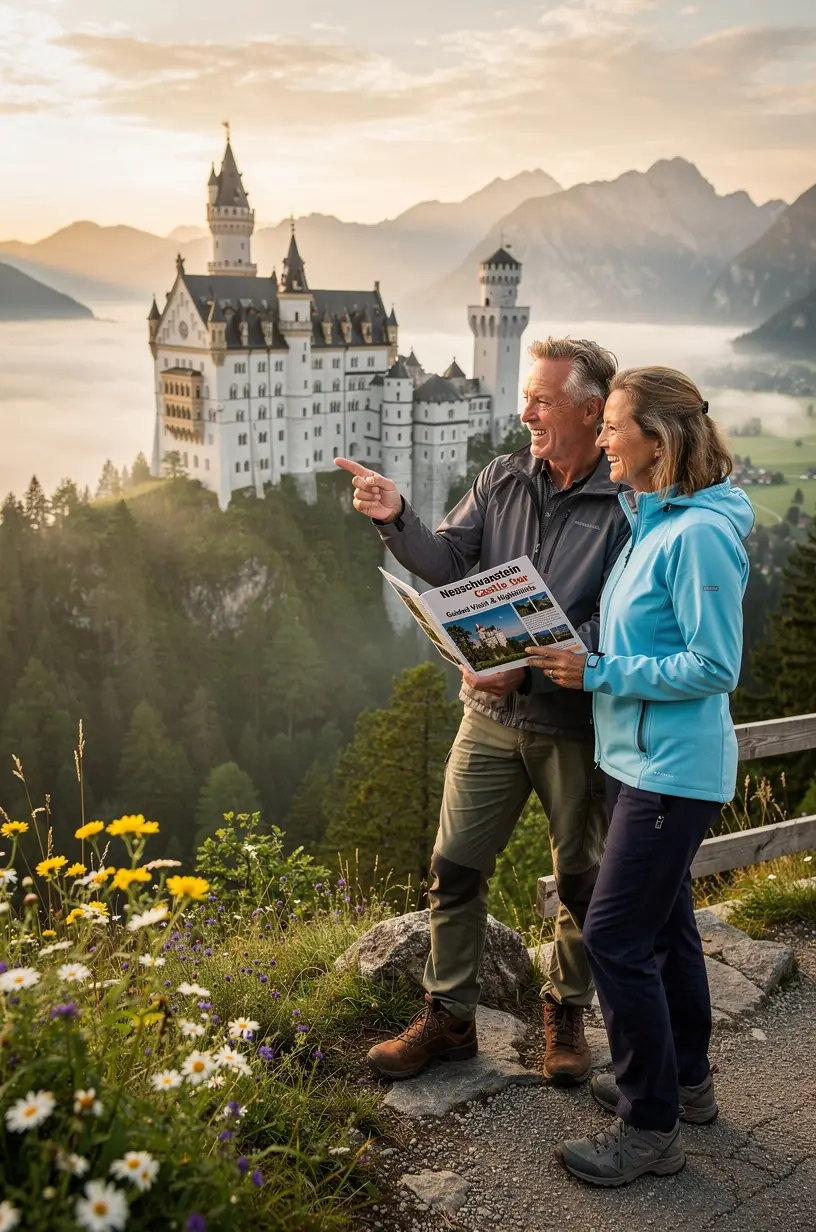 Beratungssituation in einem modernen Reisebüro, wo Kunden individuelle Burgentouren in Deutschland planen.