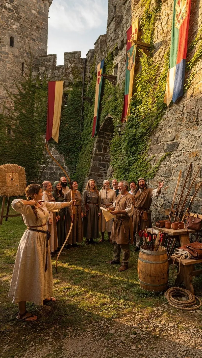 Detailaufnahme einer mittelalterlichen Burgfassade mit Fahnen und Türmen, repräsentiert deutsche Burgentdeckungstouren.