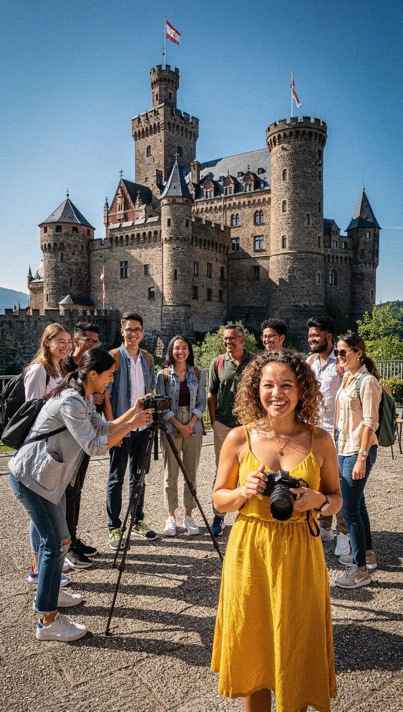 Mehrere Reisende erkunden eine Burganlage mit einem professionellen Reiseleiter, zeigt geführte Themenreisen.
